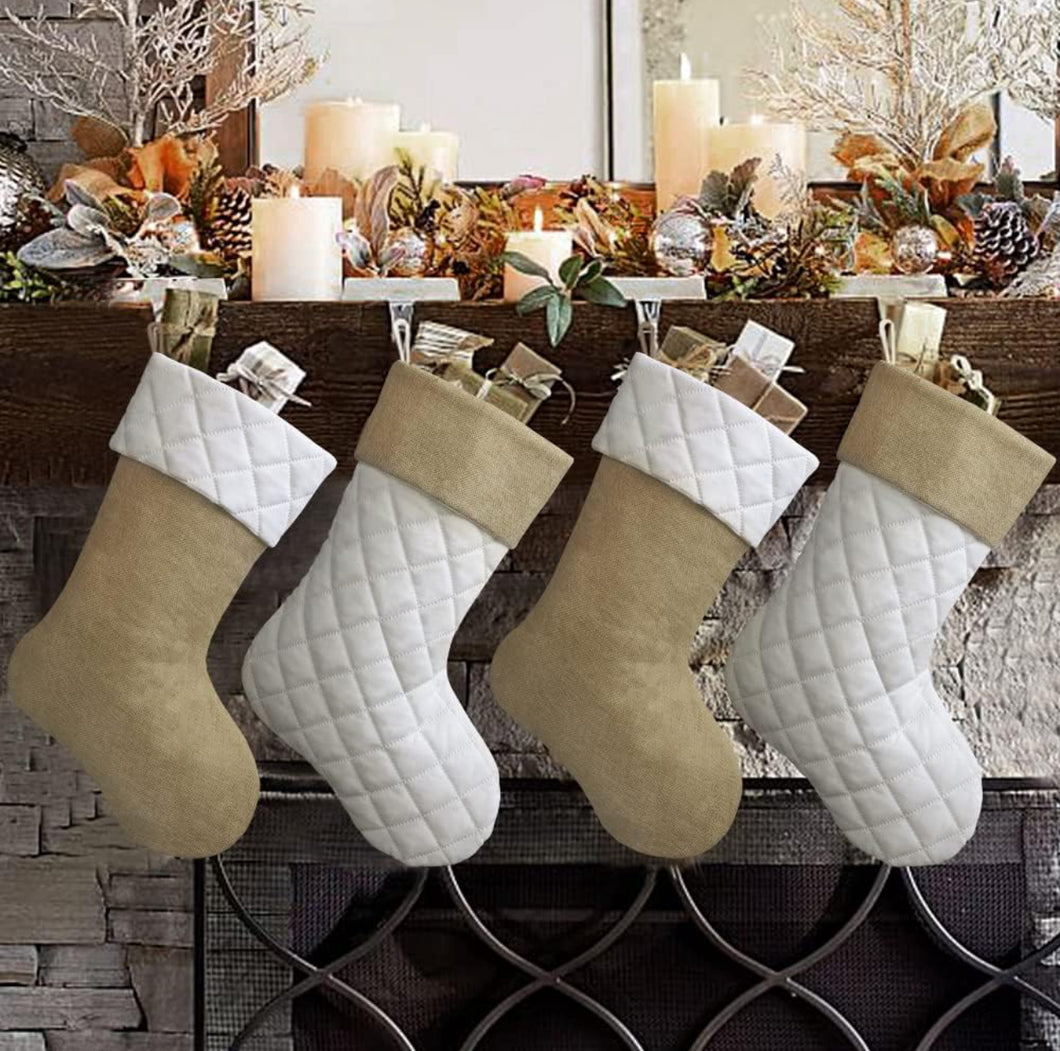 Quilted Christmas Stockings - Burlap & Cream