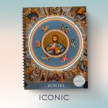 Load image into Gallery viewer, A spiral-bound notebook featuring a detailed religious icon illustration of Demetra, with a blue background and ornate icon of Christ. This is a photo of the dome inside Holy Trinity Greek Orthodox Church in Asheville, North Carolina
